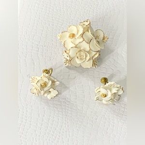 Signed Coalbrook china Flower Brooch Earrings  MADE IN ENGLAND